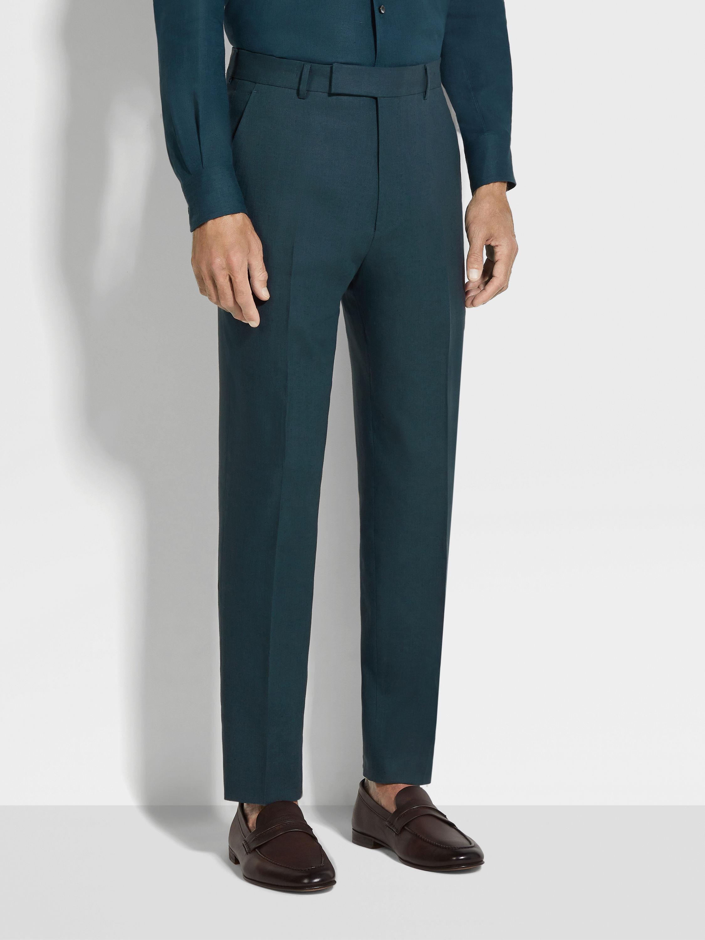 Dark Teal Blue Oasi Lino Pants Product detail photo #4