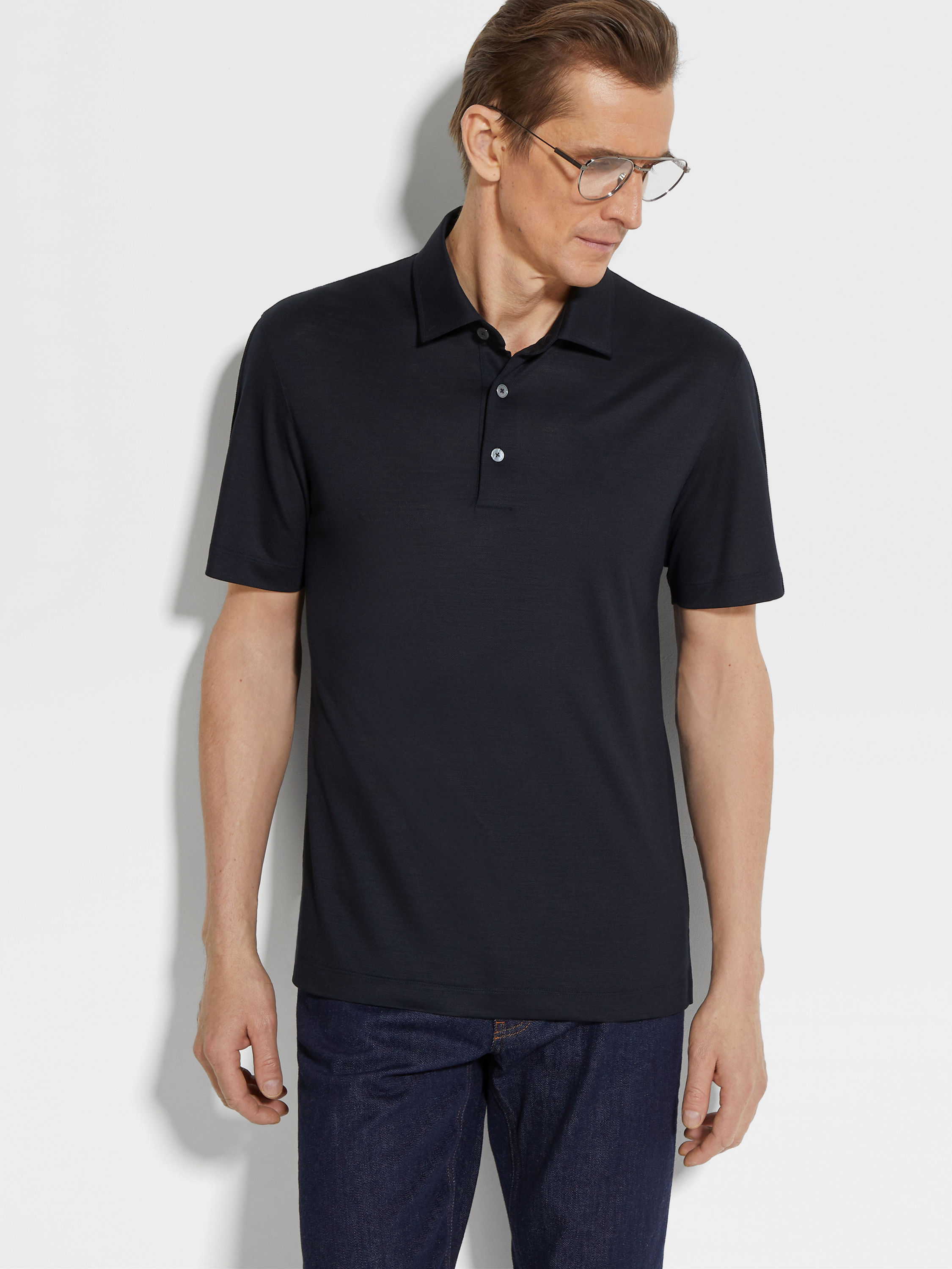 Navy Blue High Performance™ Wool Piquet Polo Shirt Product detail photo #2