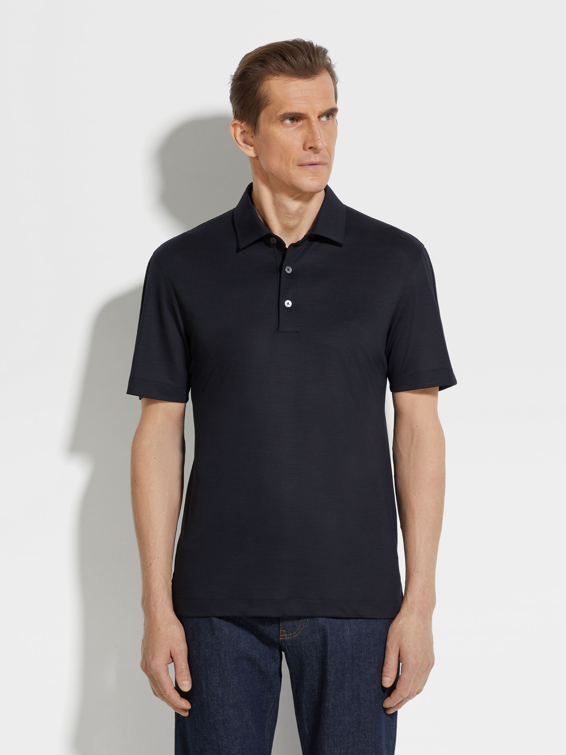 Navy Blue High Performance™ Wool Piquet Polo Shirt Product detail photo #3