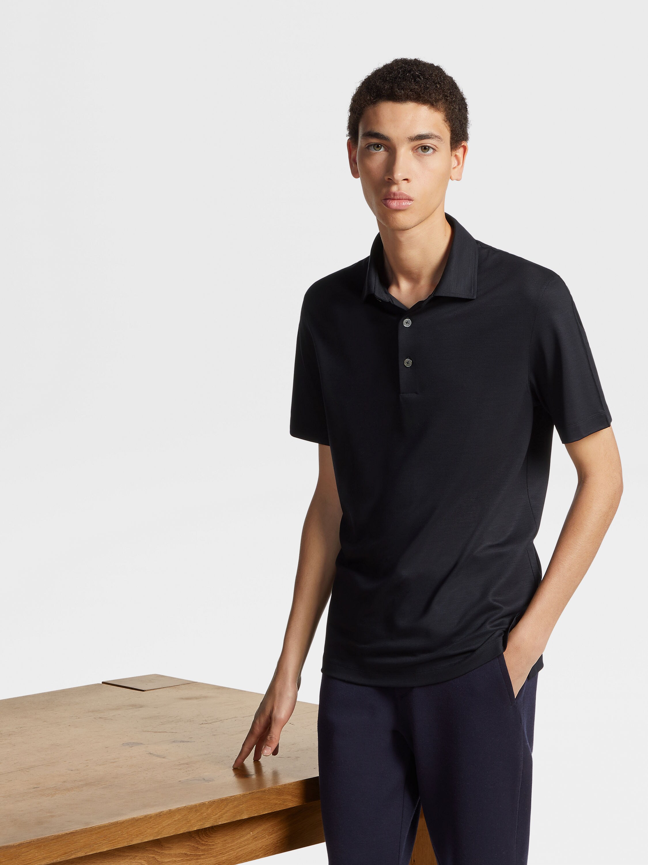 Navy Blue High Performance™ Wool Piquet Polo Shirt Product detail photo #4