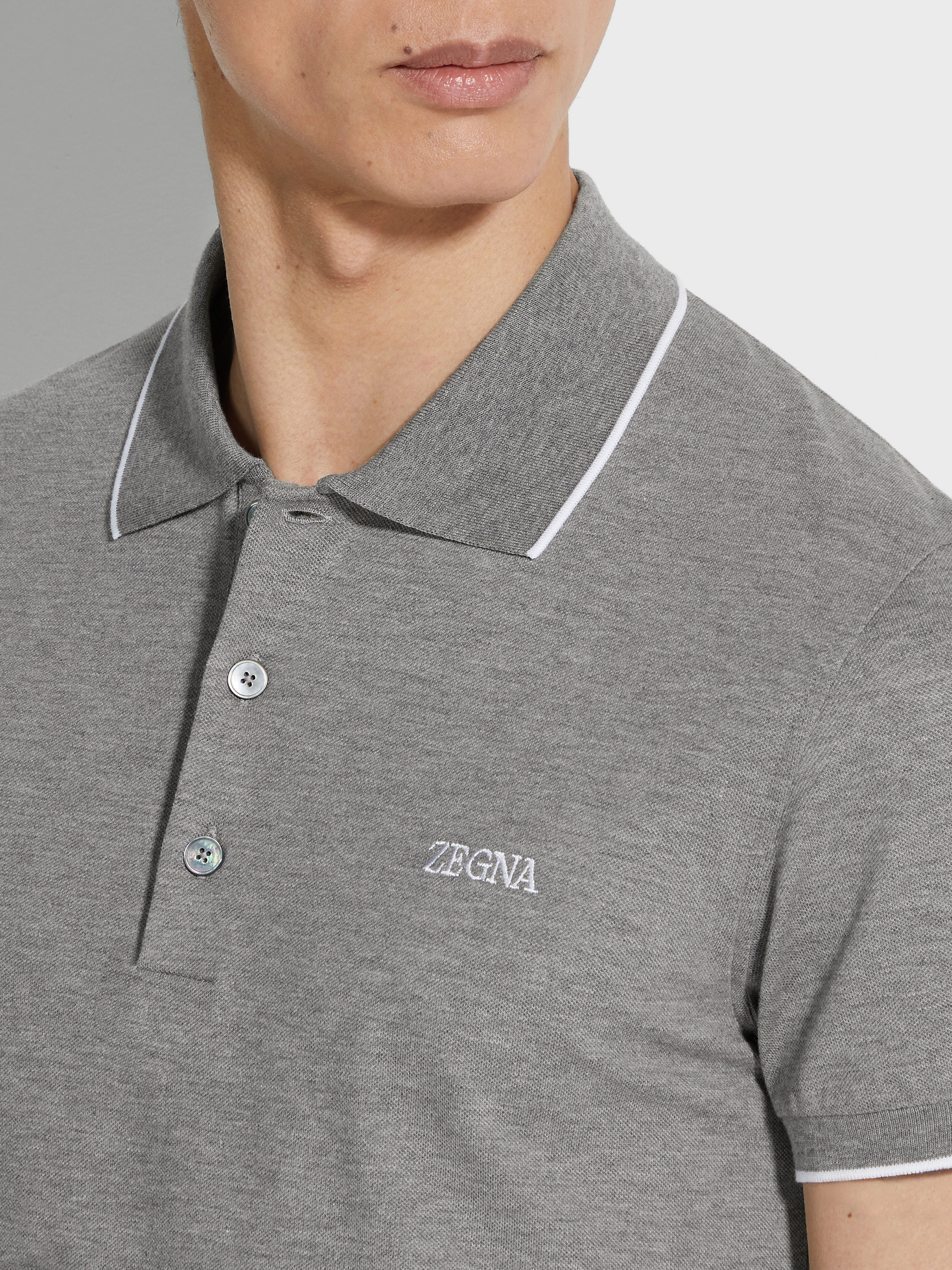 Grey Mélange Stretch Cotton Polo Shirt Product detail photo #1
