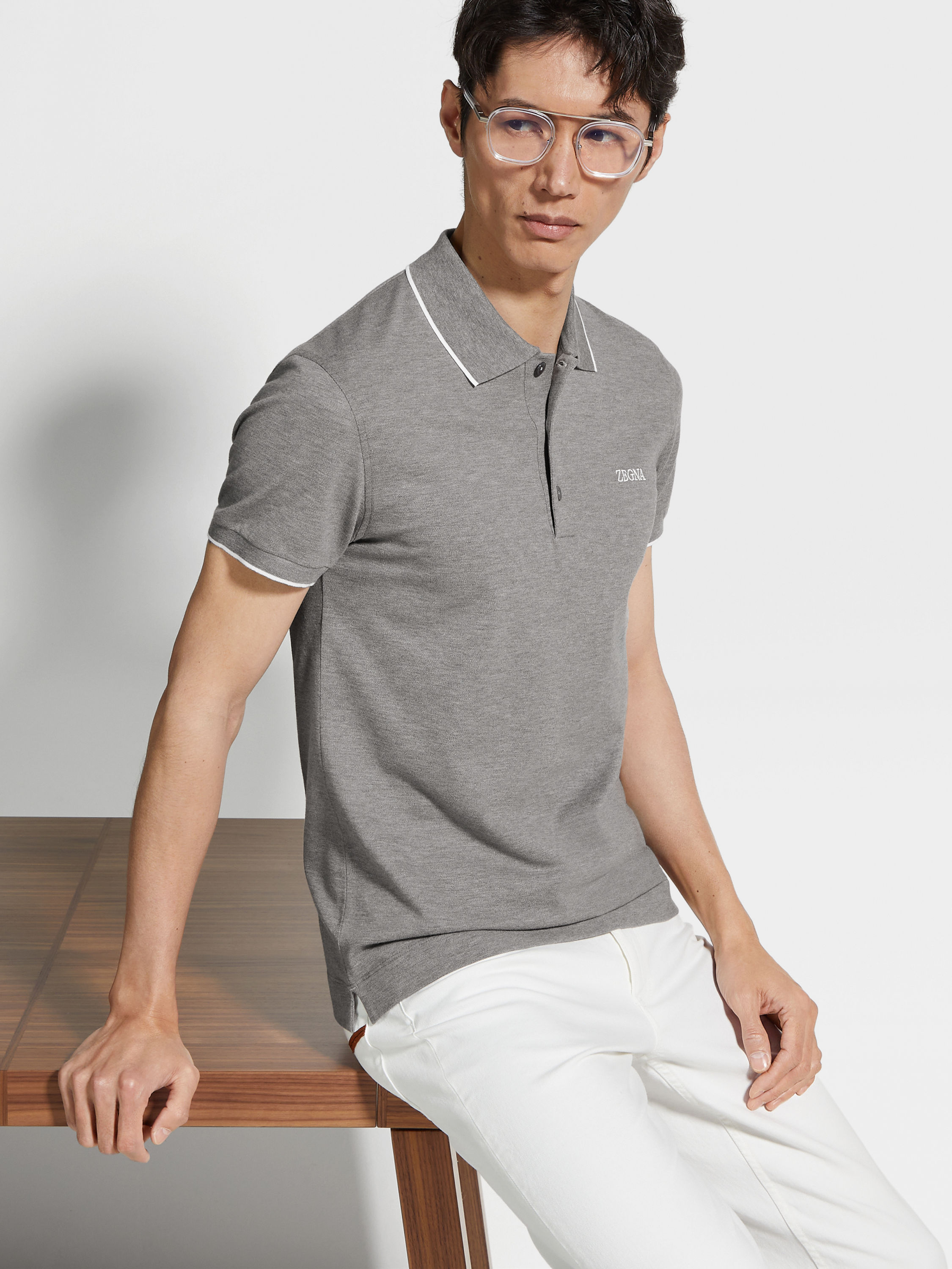 Grey Mélange Stretch Cotton Polo Shirt Product detail photo #2