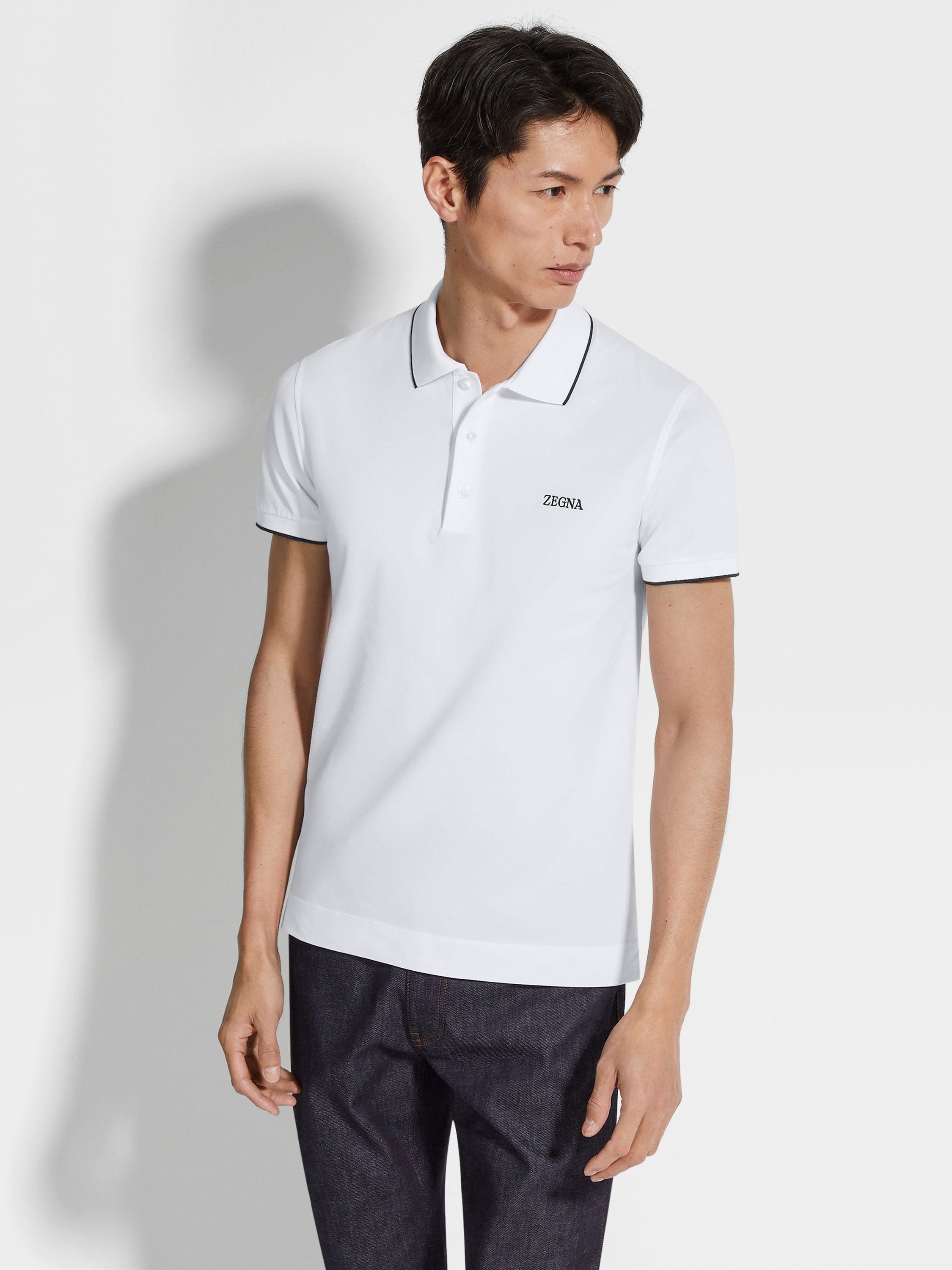 White Stretch Cotton Polo Shirt Product detail photo #2