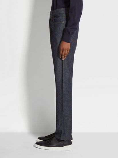 Dark Blue Rinse-washed Cotton and Linen Roccia Jeans SS25 Dark Blue Rinse-washed Cotton and Linen Roccia Jeans SS25