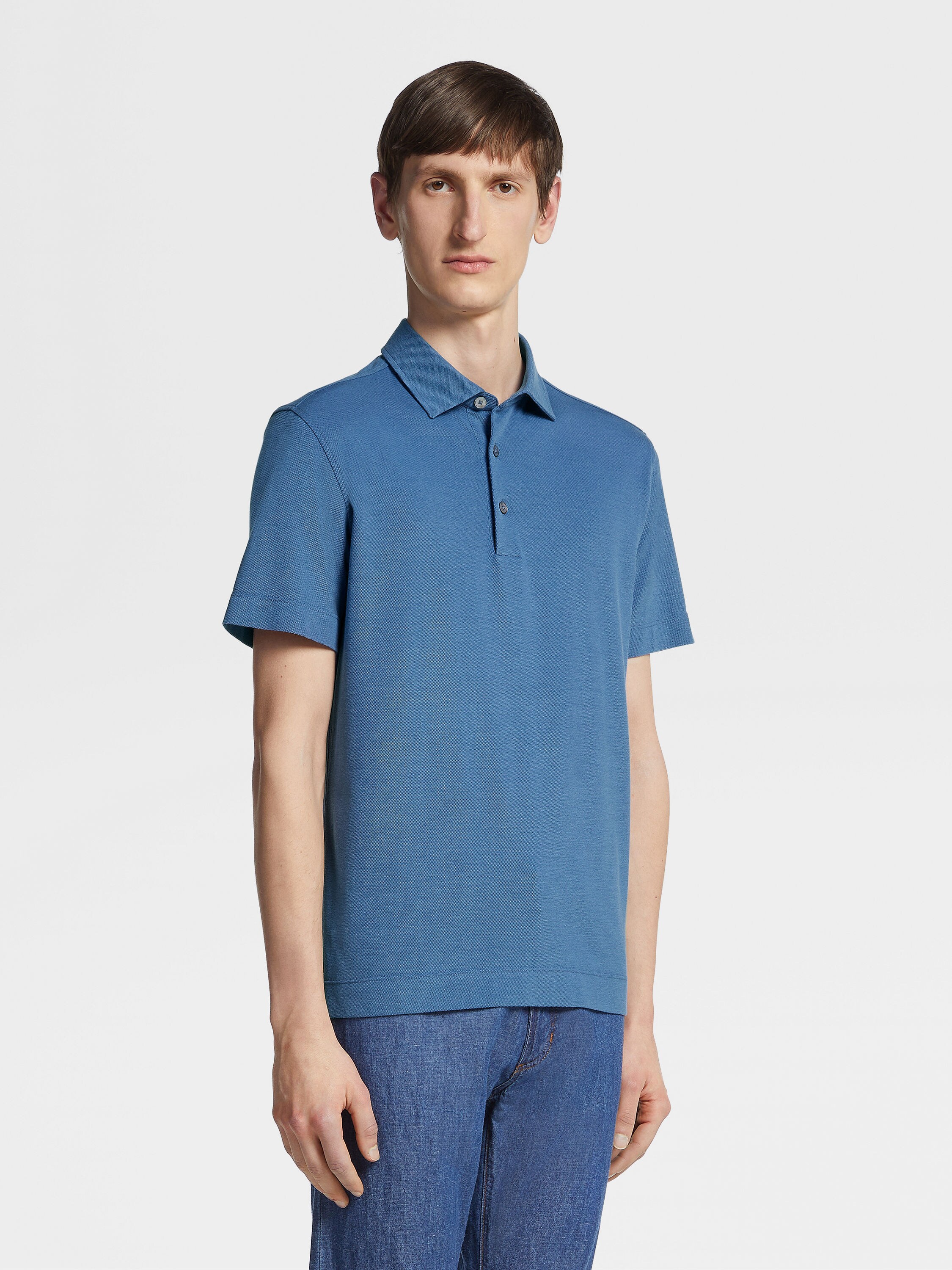 Blue Cotton and Silk Polo Shirt Product detail photo #1