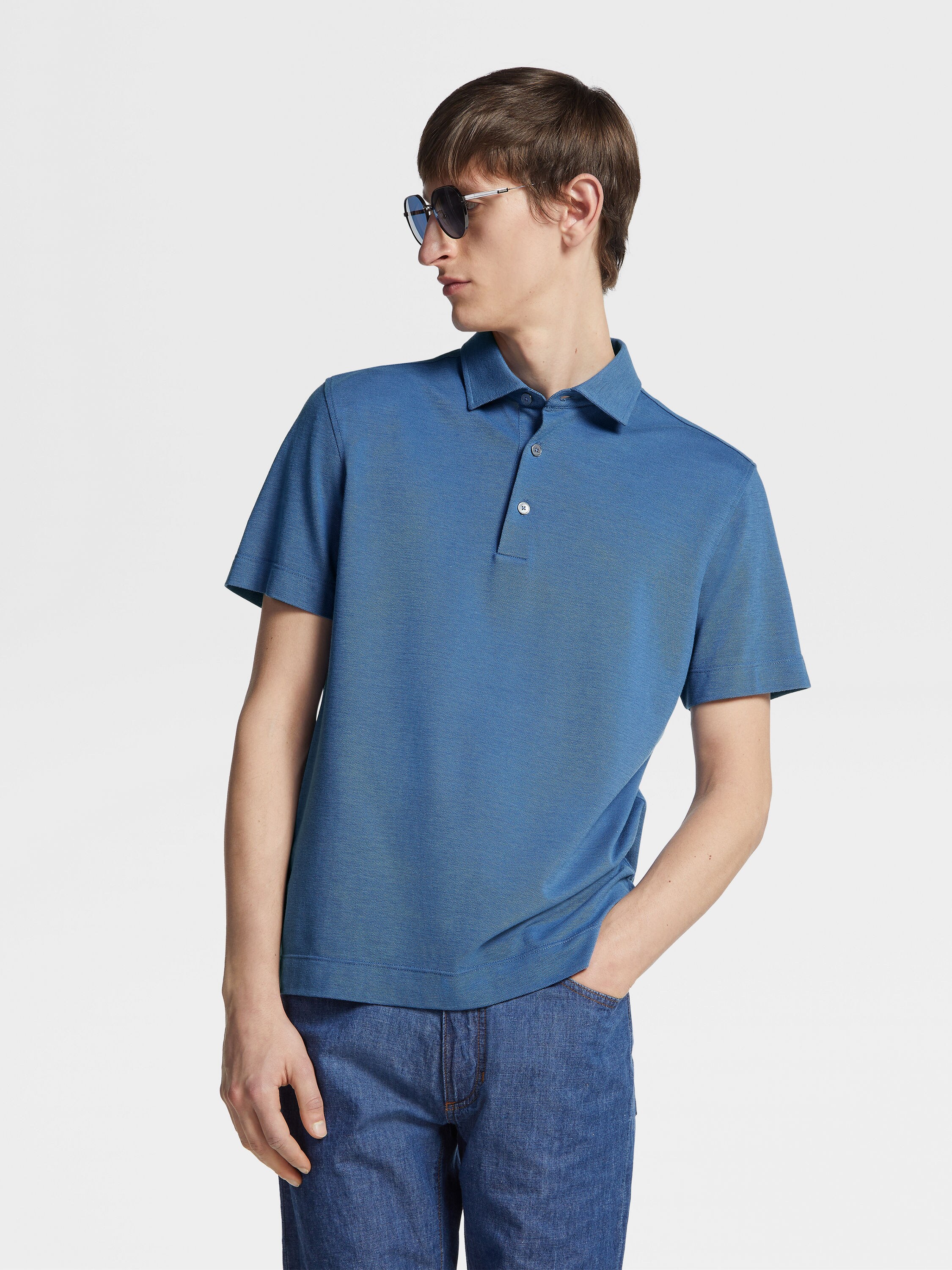 Blue Cotton and Silk Polo Shirt Product detail photo #4