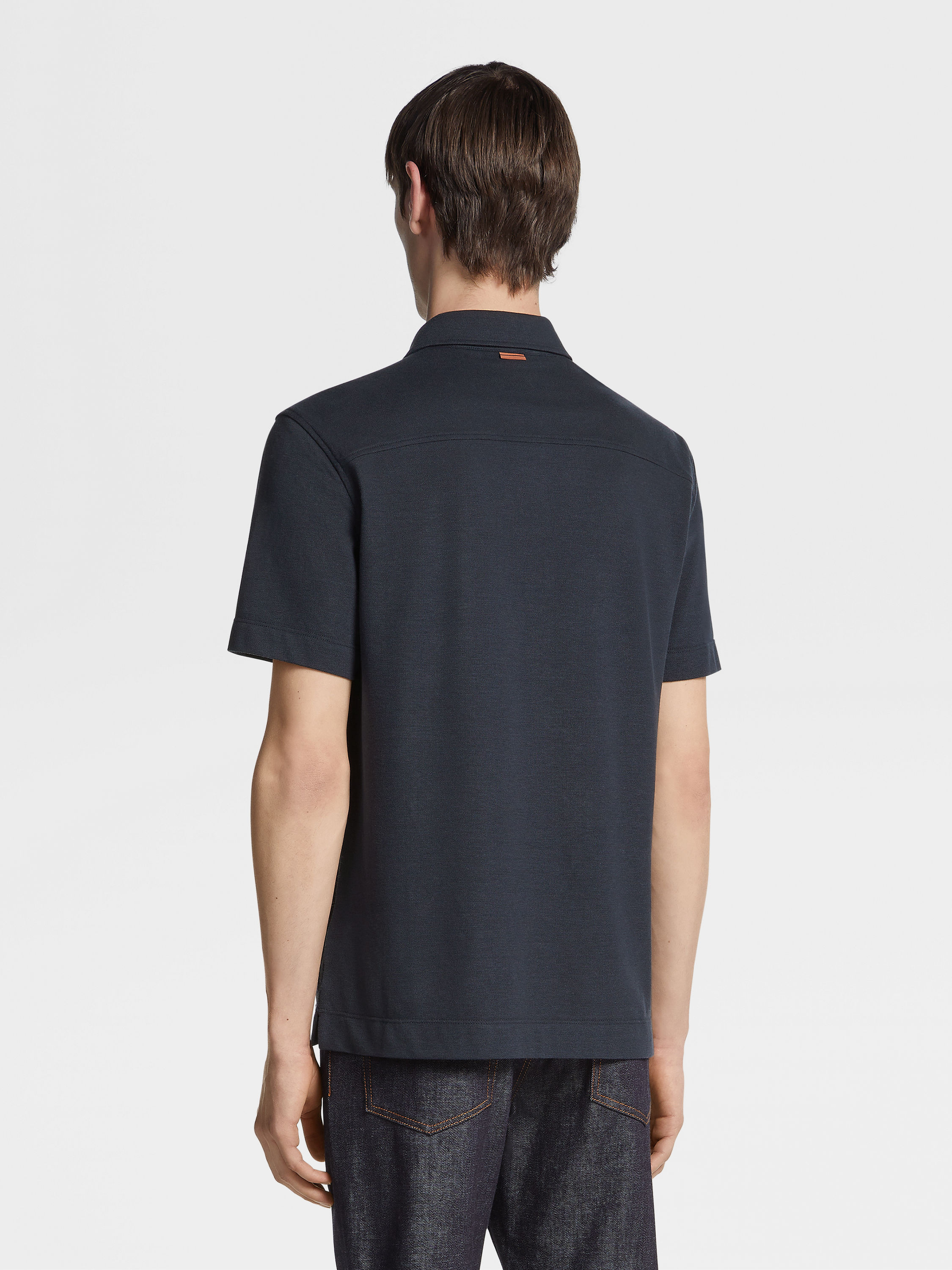 Navy Blue Cotton and Silk Polo Shirt Product detail photo #2