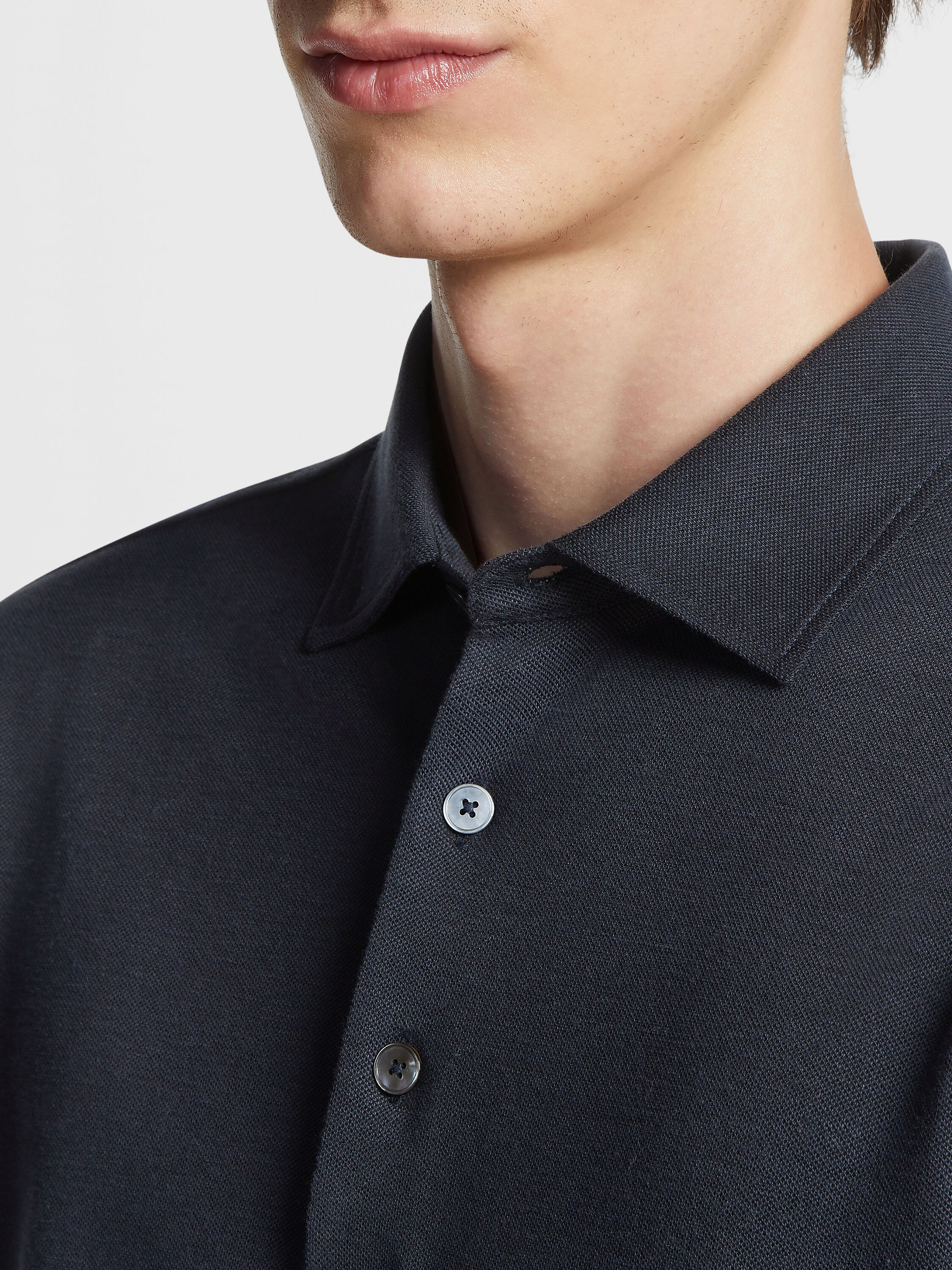 Navy Blue Cotton and Silk Polo Shirt Product detail photo #3