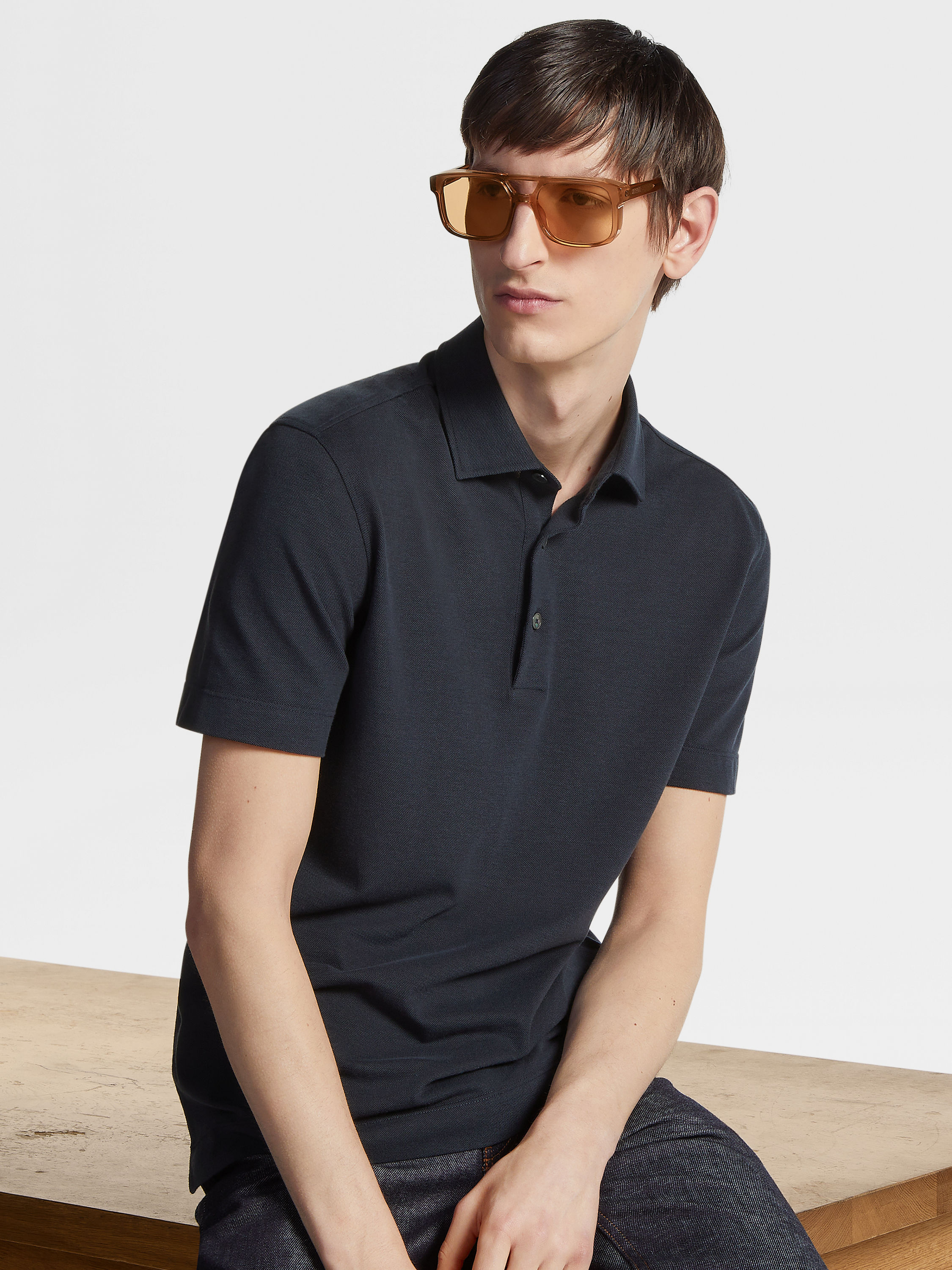 Navy Blue Cotton and Silk Polo Shirt Product detail photo #4