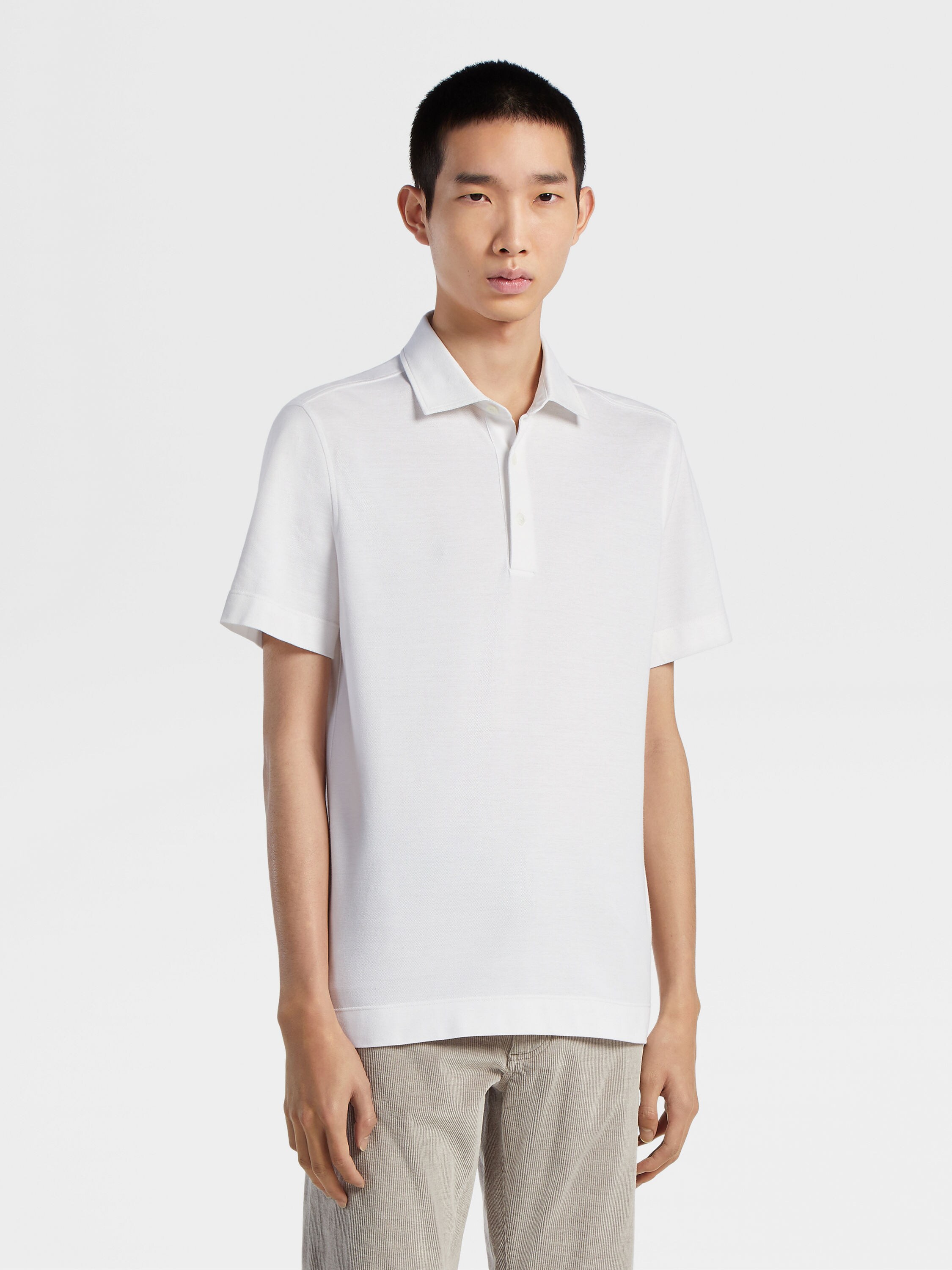Optical White Cotton and Silk Polo Shirt Product detail photo #1
