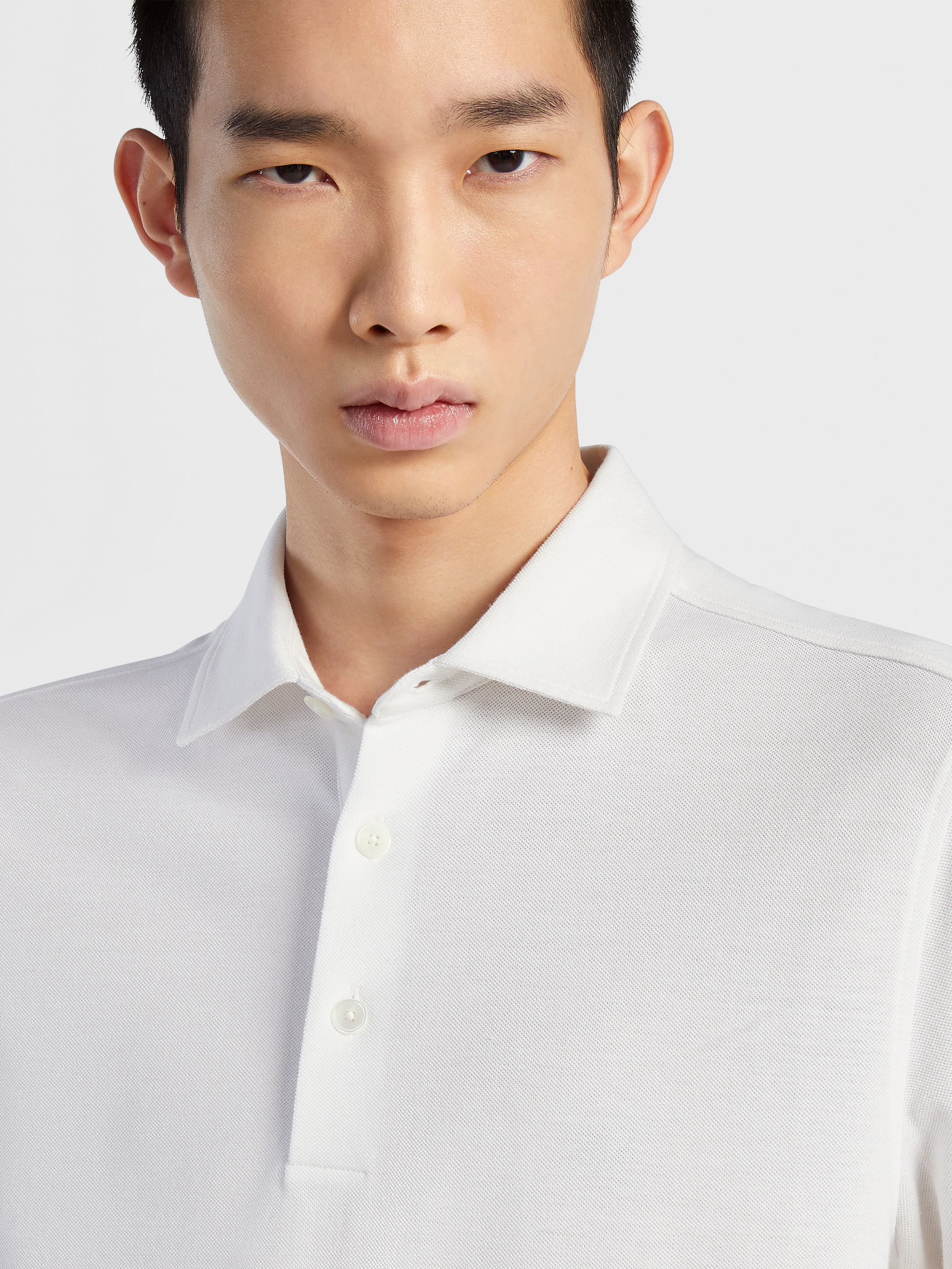 Optical White Cotton and Silk Polo Shirt Product detail photo #3