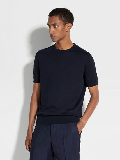 【関税込み】ZEGNA ネイビー クルーネックTシャツ Navy Blue Premium Cotton Polo Shirt SS25 30059708 | Zegna SG
