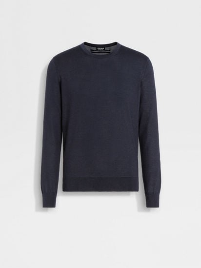 【関税込み】ZEGNA ネイビー クルーネック スウェットシャツ Navy Blue Mélange Cashseta Crewneck SS25 22504670 | Zegna US