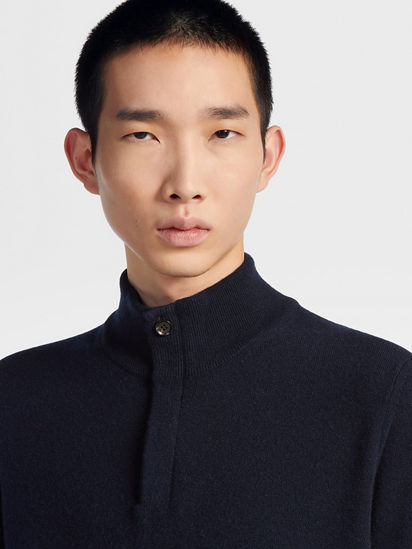Navy Blue Mélange Oasi Cashmere Zip Mock Neck Sweater FW25