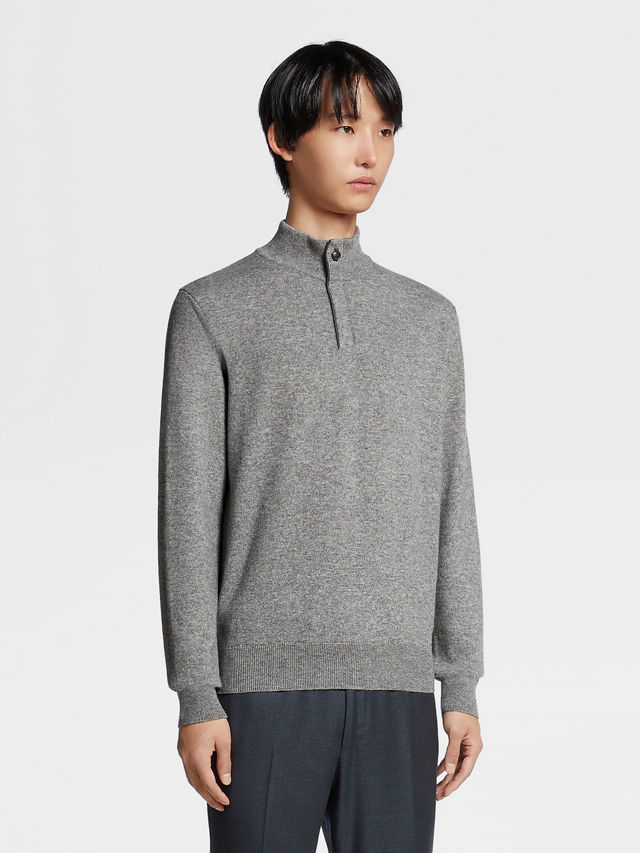 Grey Mélange Oasi Cashmere Zip Mock Neck Sweater Product detail photo #1
