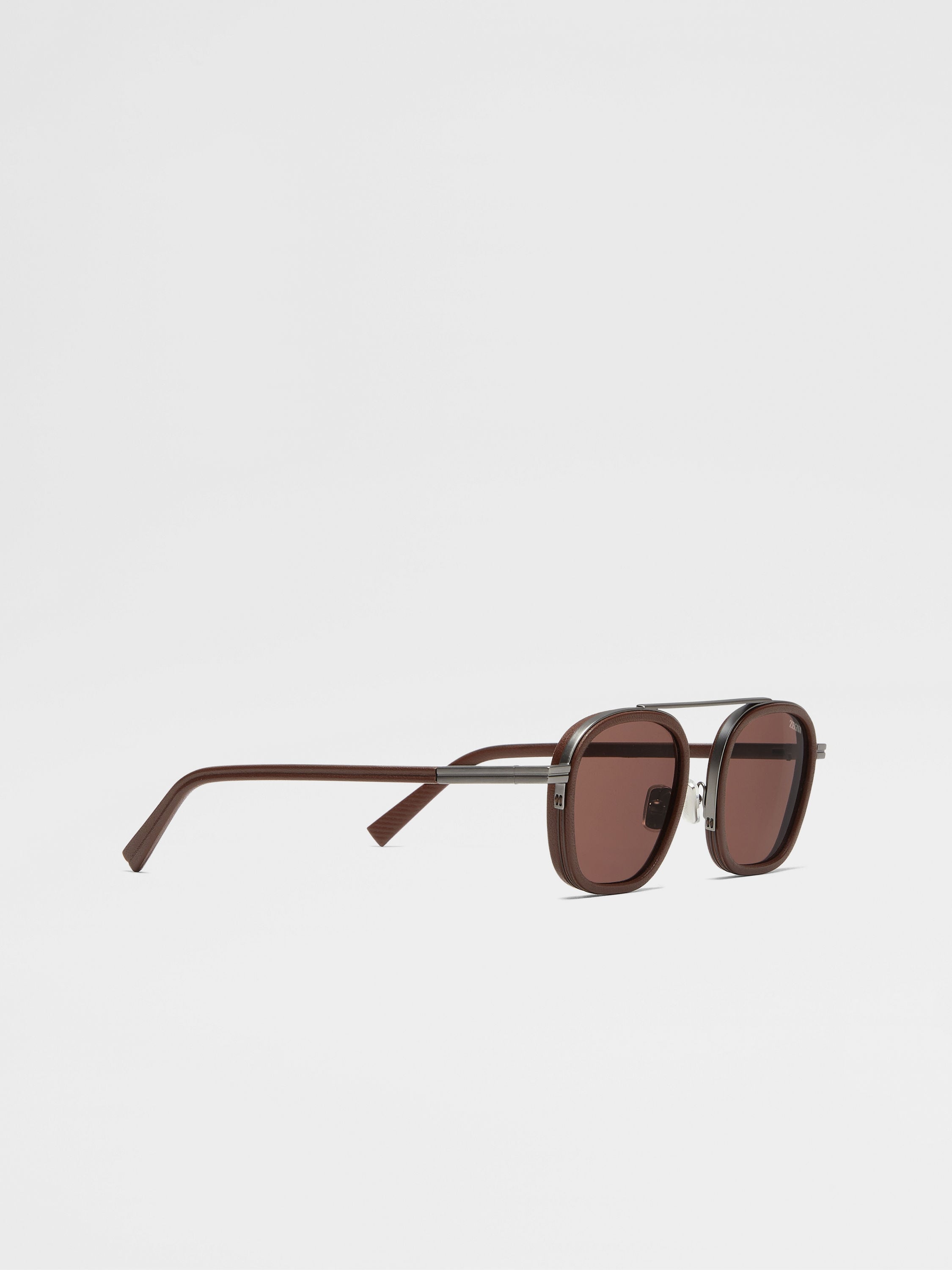 Dark Brown Orizzonte I Metal Acetate and Leather Sunglasses Product detail photo #2