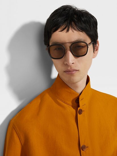 Black Orizzonte I Metal Acetate and Leather Sunglasses FW25