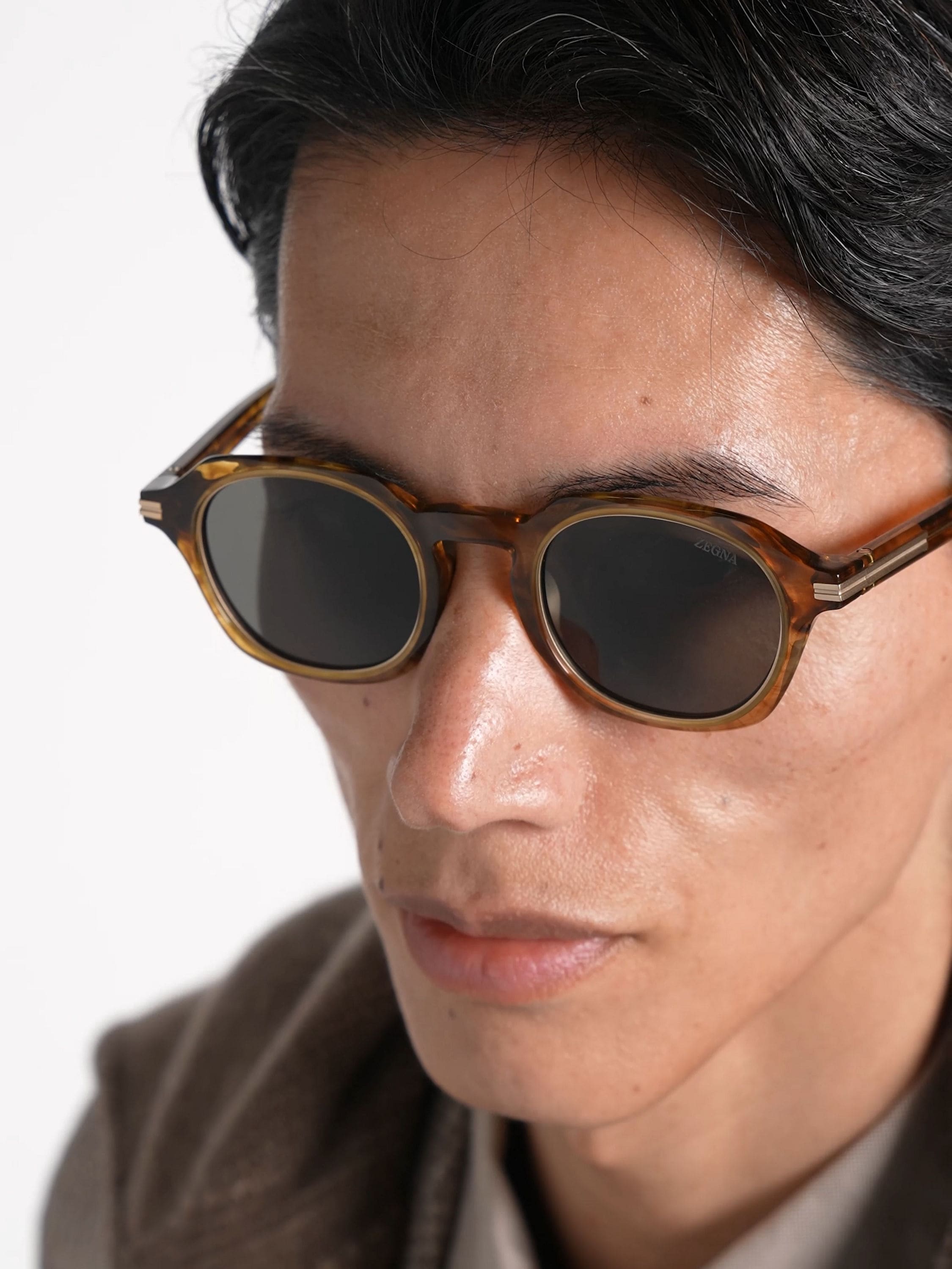 Transparent Light Brown Acetate and Titanium Sunglasses