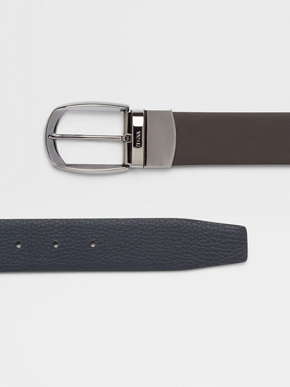 Dark Brown Leather and Blue Grained Deerskin Reversible Belt