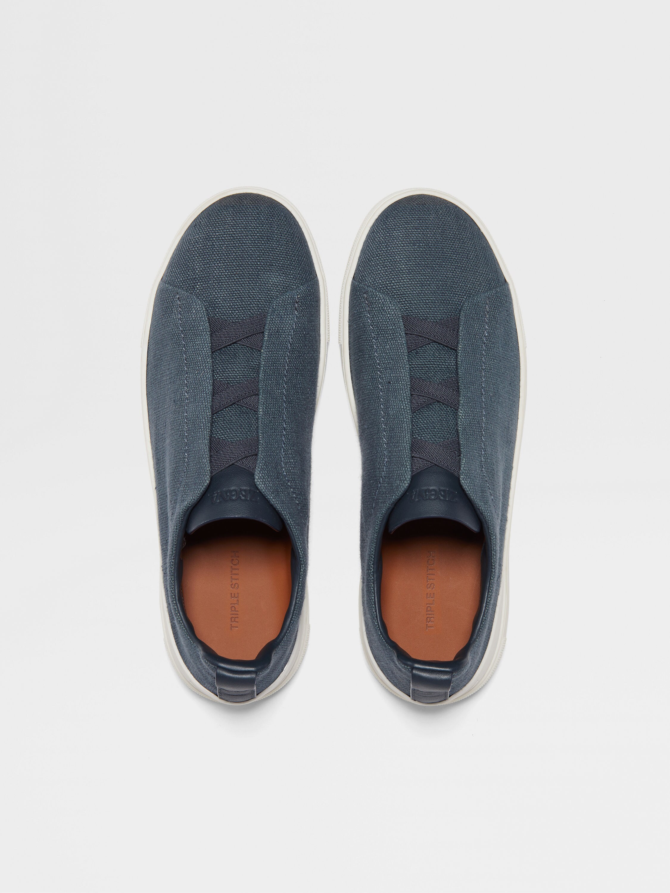 Dark Teal Blue Cotton Linen and Leather Triple Stitch™ Sneakers Product detail photo #2