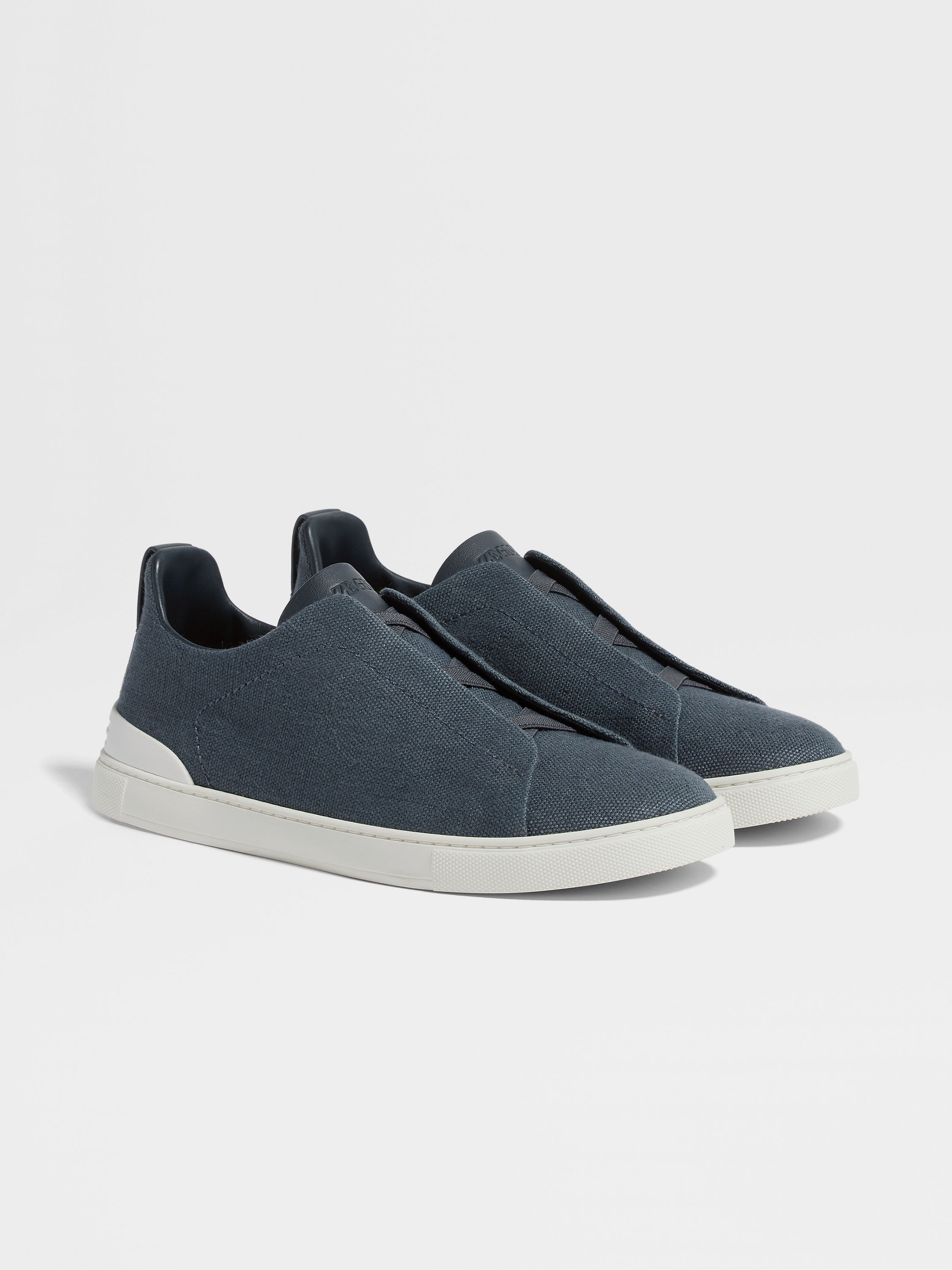 Dark Teal Blue Cotton Linen and Leather Triple Stitch™ Sneakers Main product photo
