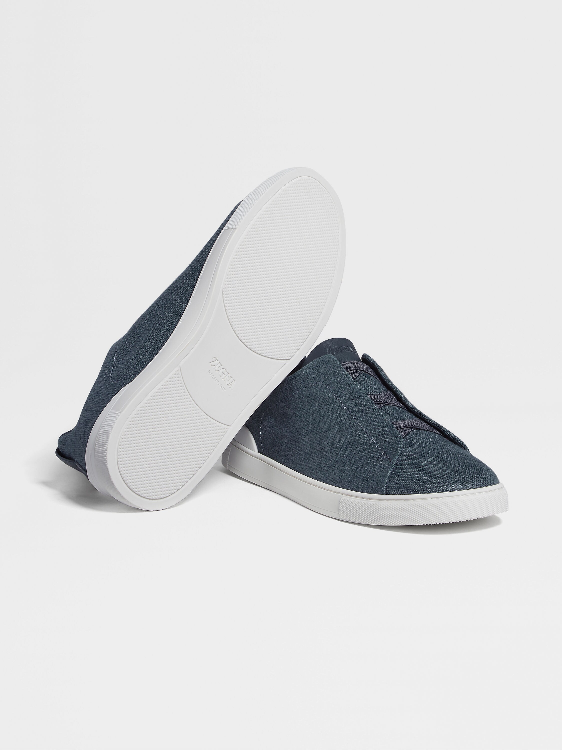Dark Teal Blue Cotton Linen and Leather Triple Stitch™ Sneakers Product detail photo #4