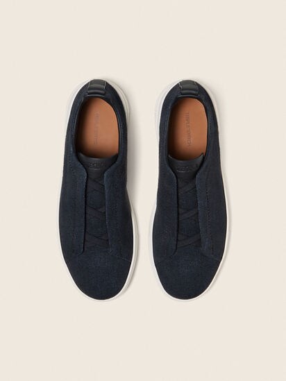 Navy Blue Cotton Linen and Leather Triple Stitch™ Sneakers SS26