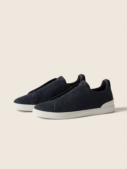 Navy Blue Cotton Linen and Leather Triple Stitch™ Sneakers SS26