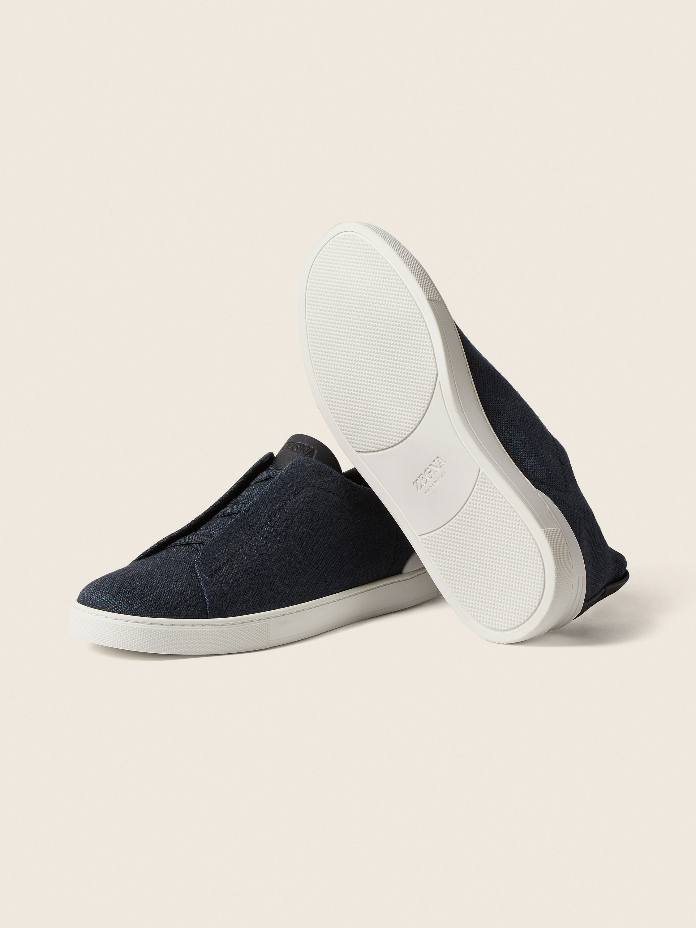 Navy Blue Cotton Linen and Leather Triple Stitch™ Sneakers Product detail photo #4