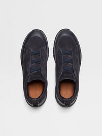 ZEGNA Triple Stitch メンズスニーカー 紺色 Zegna - Triple Stitch Navy Leather Low Top Sneaker