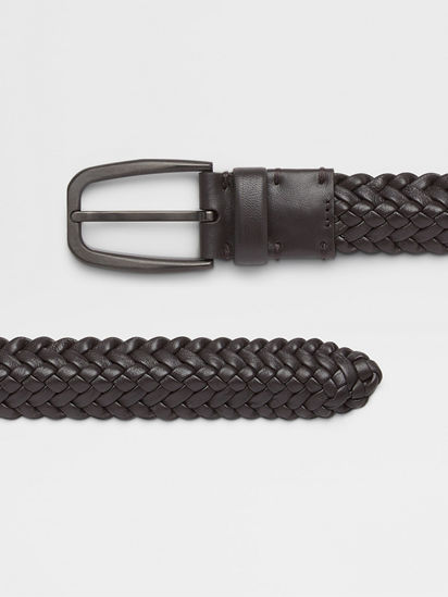 Woven leather belt, Col. DarkBrown