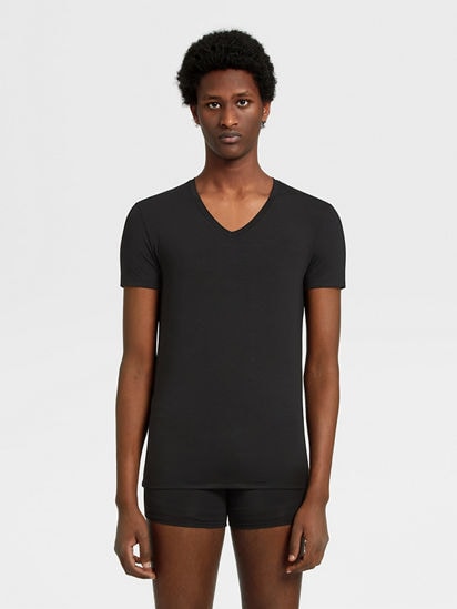 Black Stretch Modal V-Neck T-Shirt FW25 22493627 | Zegna JP