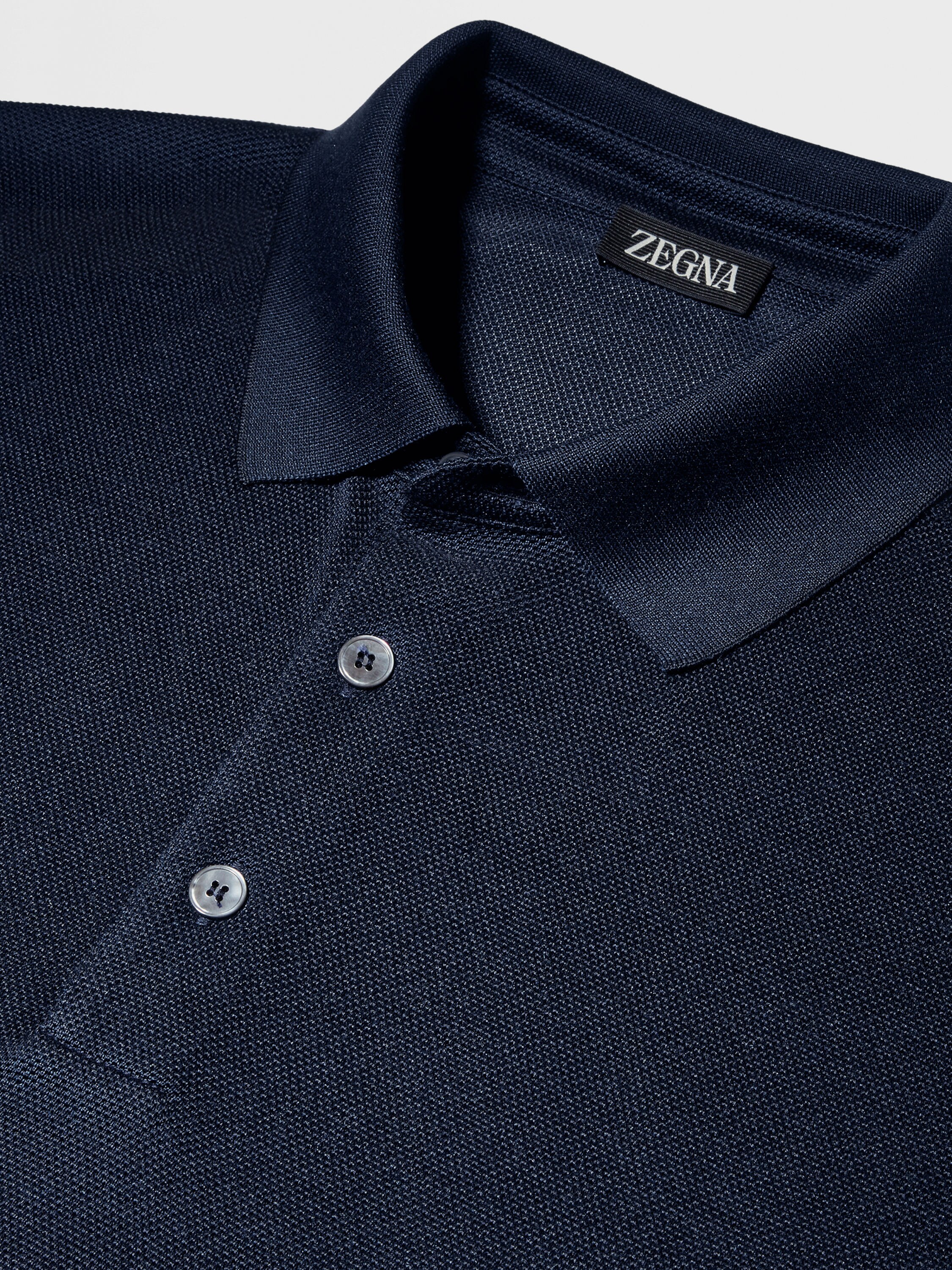Dark Blue Zegna Silk Polo Shirt Product detail photo #3