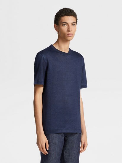 Navy Blue Pure Linen Short-sleeve T-shirt SS24 27242632