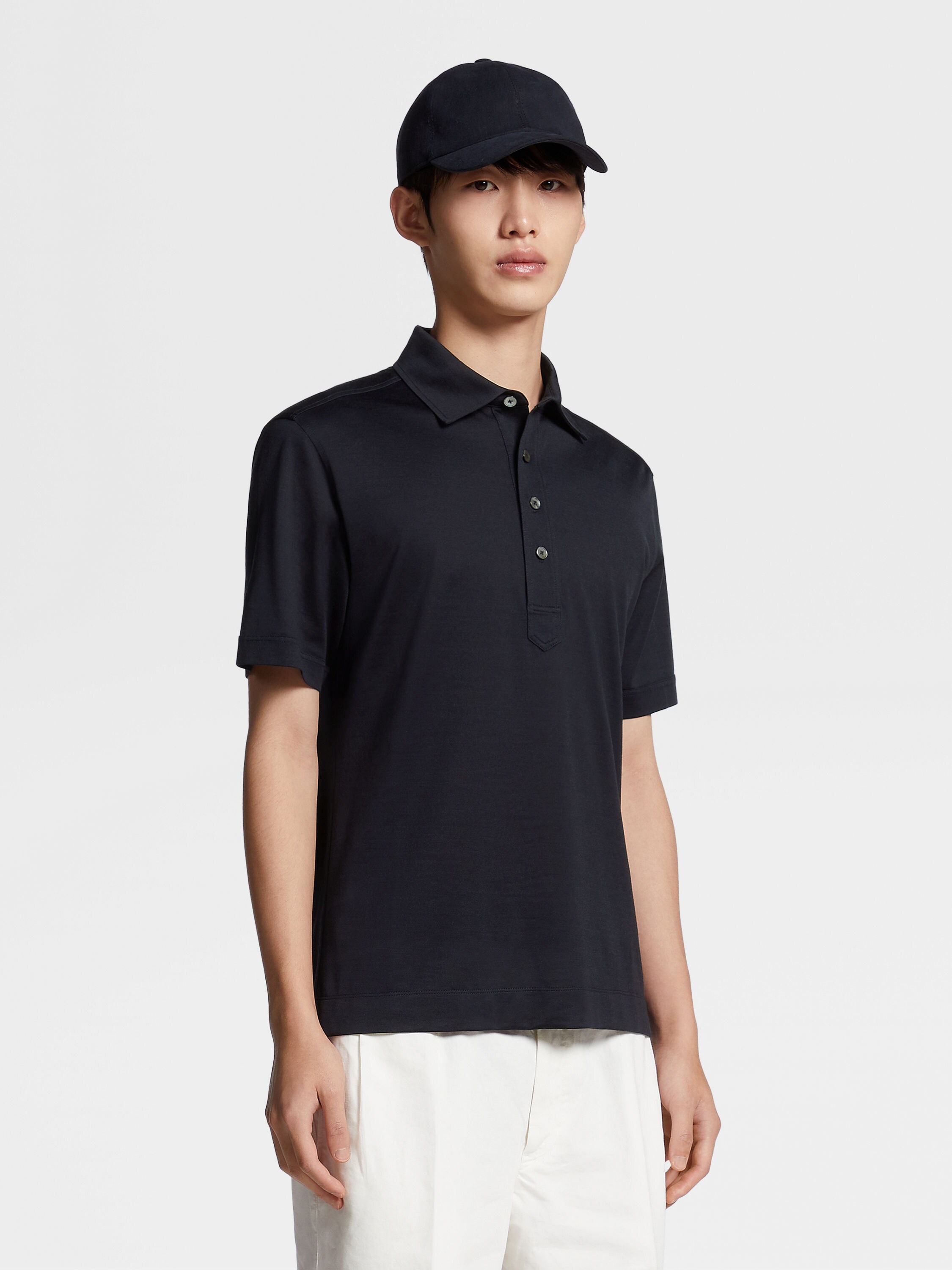 Navy Blue Leggerissimo Cotton and Silk Polo Shirt Product detail photo #1