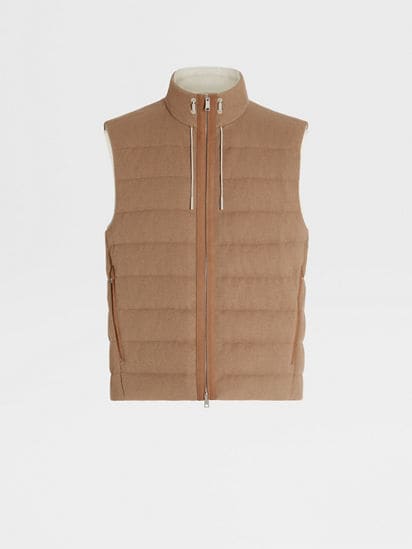 Light Brown Zip Vest in Pure Camel