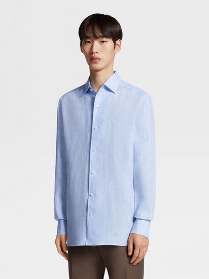 Light Blue Pure Linen Long-sleeve Shirt