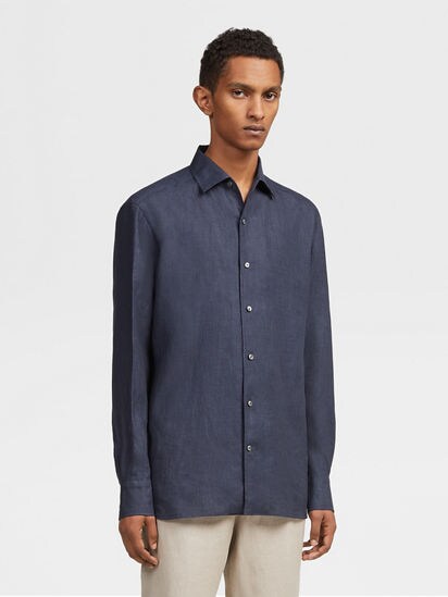 Navy Blue Pure Linen Long-sleeve Shirt