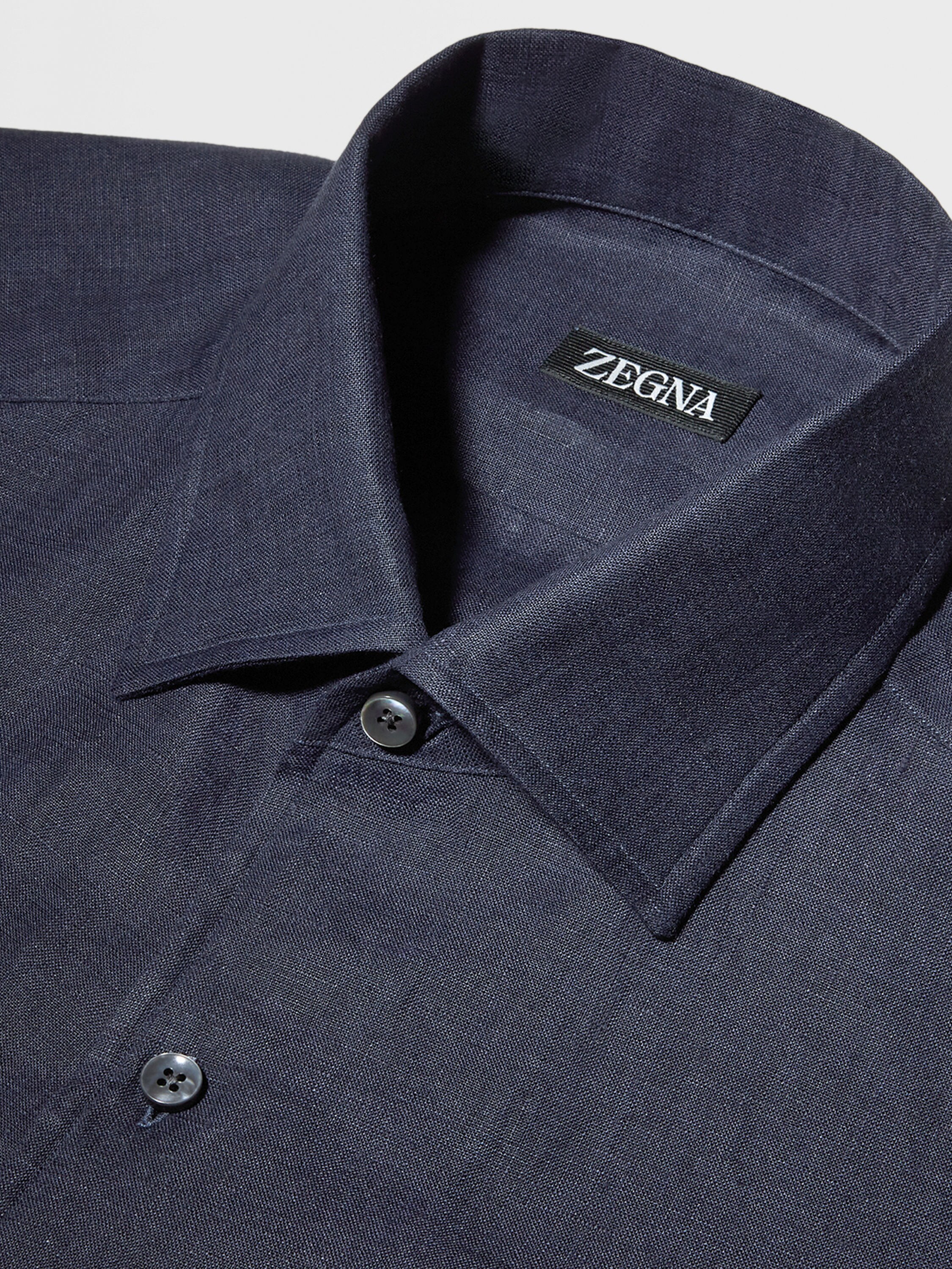 Navy Blue Pure Linen Long-sleeve Shirt Product detail photo #2