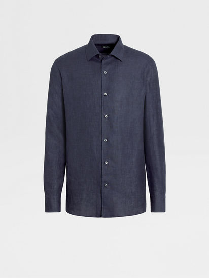 Navy Blue Pure Linen Long-sleeve Shirt