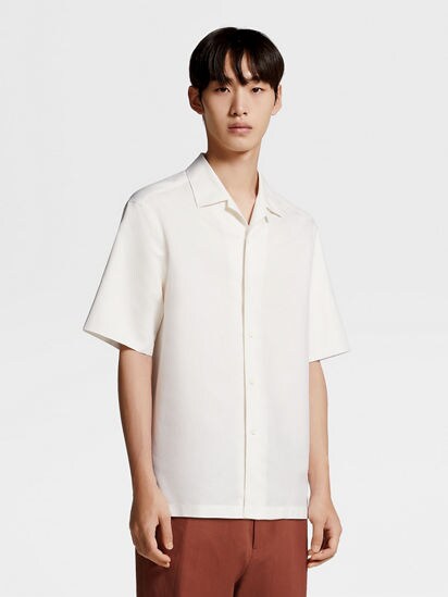 White Crossover Blend Cotton Linen and Silk Short-sleeve Shirt