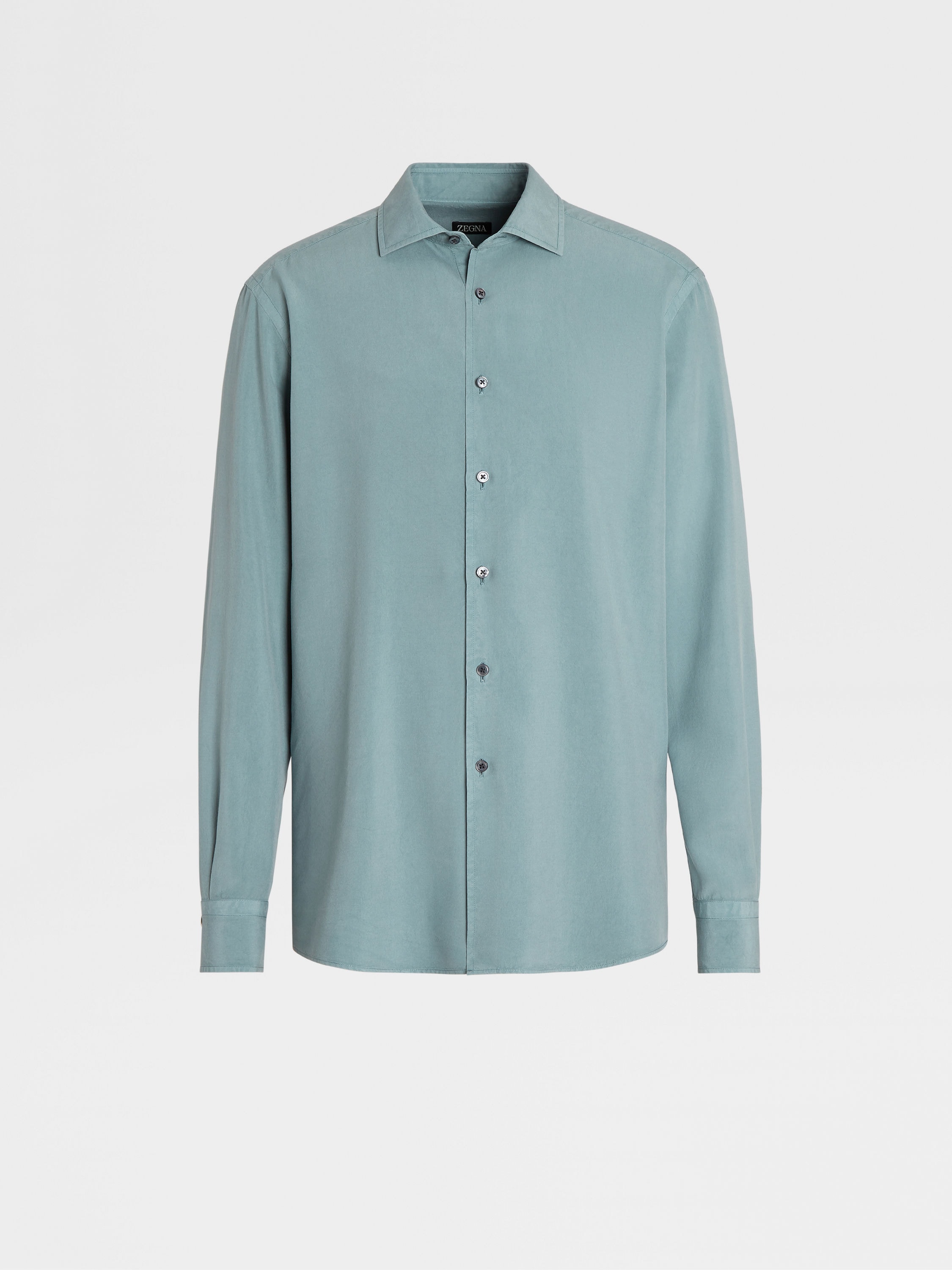 Aqua Green Garment Dyed Pure Silk Long-sleeve Shirt