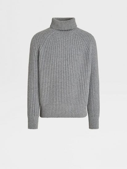Grey Ribbed Turtleneck in Wool & Cashmere