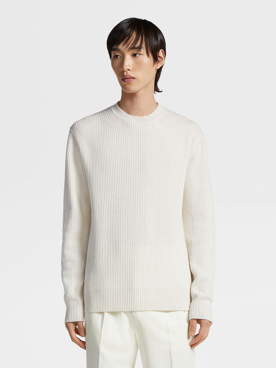 white cashmere crewneck sweater