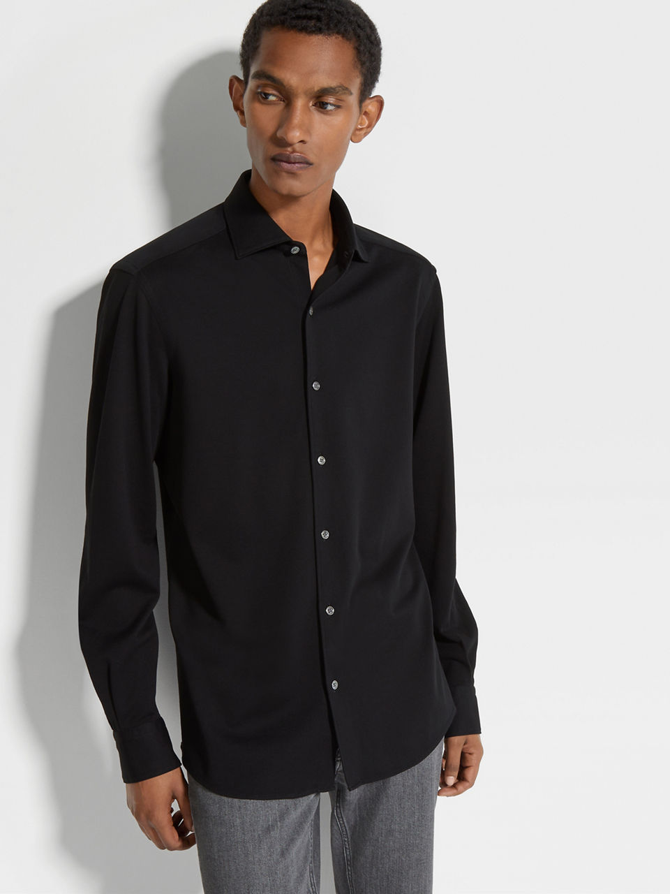 Zegna long-sleeve cotton shirt - 932 BLACK