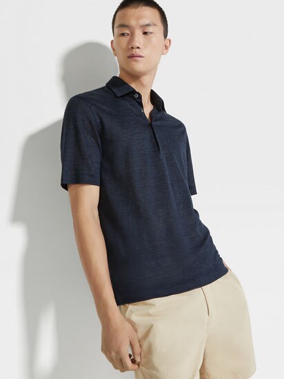 Navy Blue Linen Polo Shirt SS25 30298881 | Zegna US