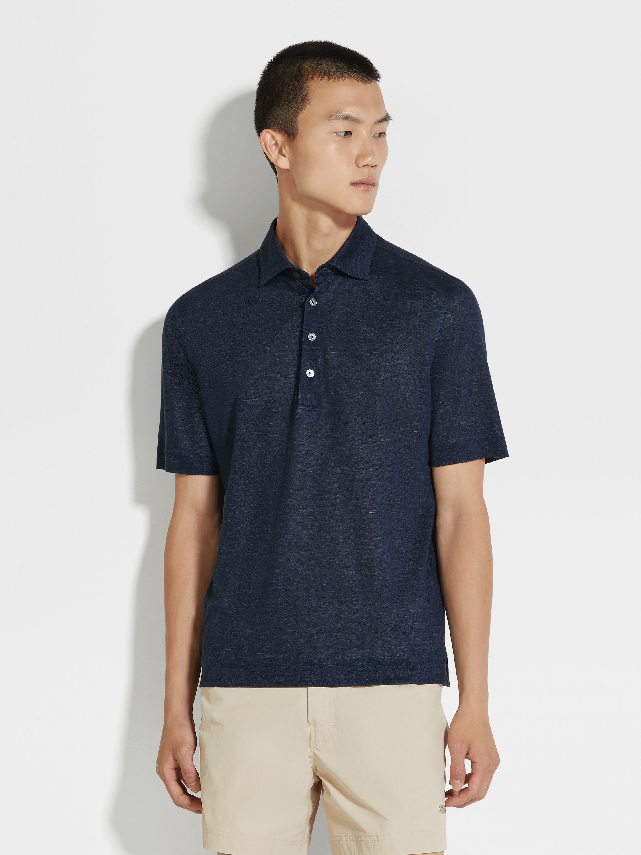 Navy Blue Linen Polo Shirt Product detail photo #3