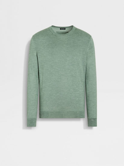 Sage Green Mélange Silk Cashmere and Linen Crewneck SS24 29659757