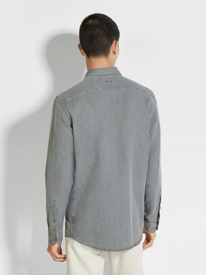 Light Grey Bleached Cotton and Linen Denim Shirt SS24 29973412 Zegna TW