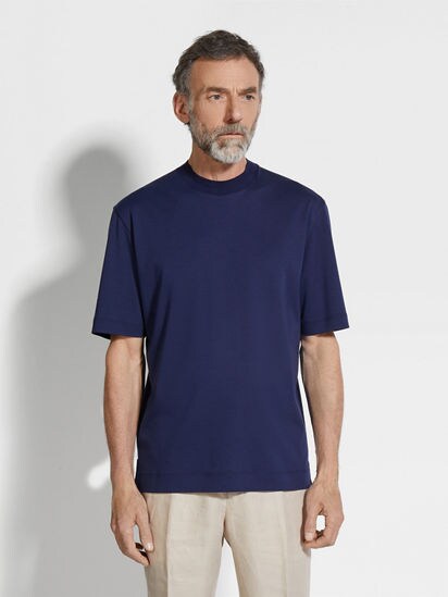 墨蓝色棉及桑蚕丝T 恤FW24 32261232 | Zegna SG